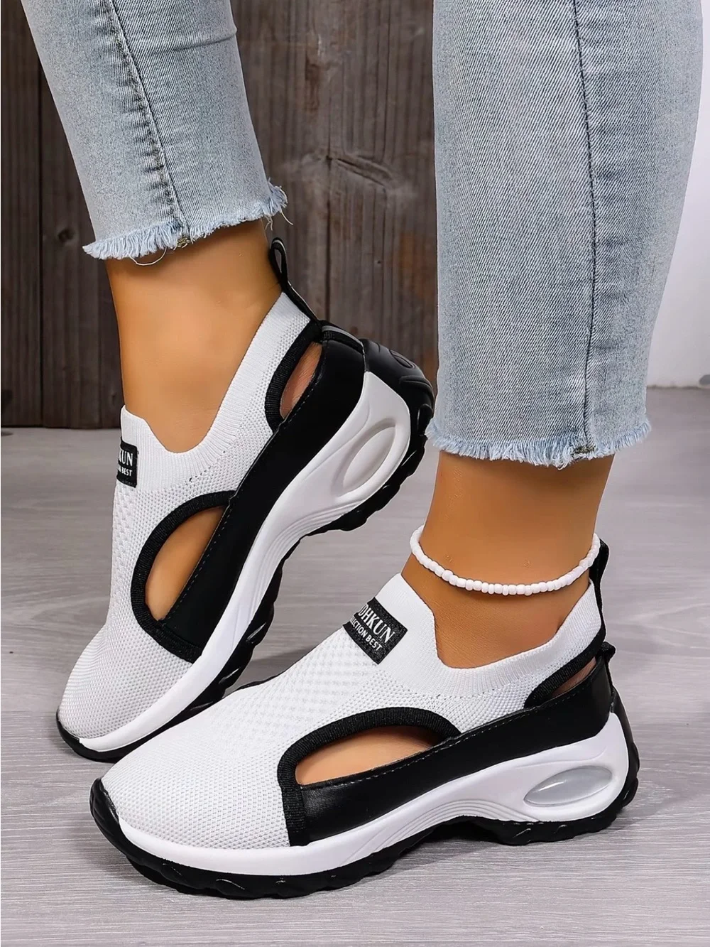 White & Black Slip-On Mesh Sport Sneakers for Women